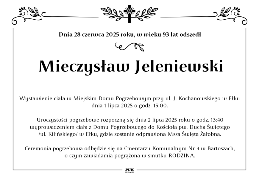 Mieczysłąw Jeleniewski - nekrolog